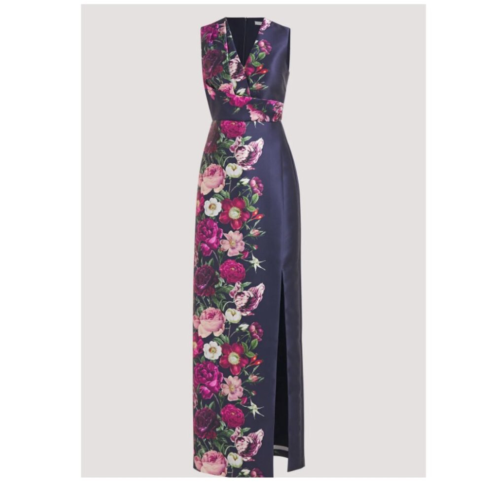 NWT - Kay Unger Coraline Column Gown - Blue/Floral - Size 2 - MSRP $348